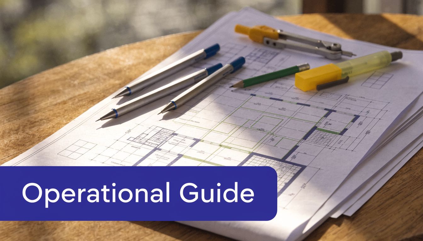 An overhead view of architectural blueprints on a wooden desk with drafting tools like pens and compass.