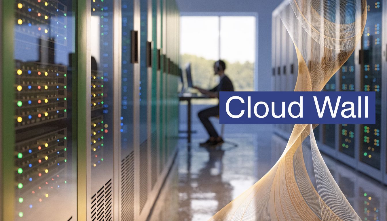 A data center server room with a technician in the background and an abstract glowing wave design.