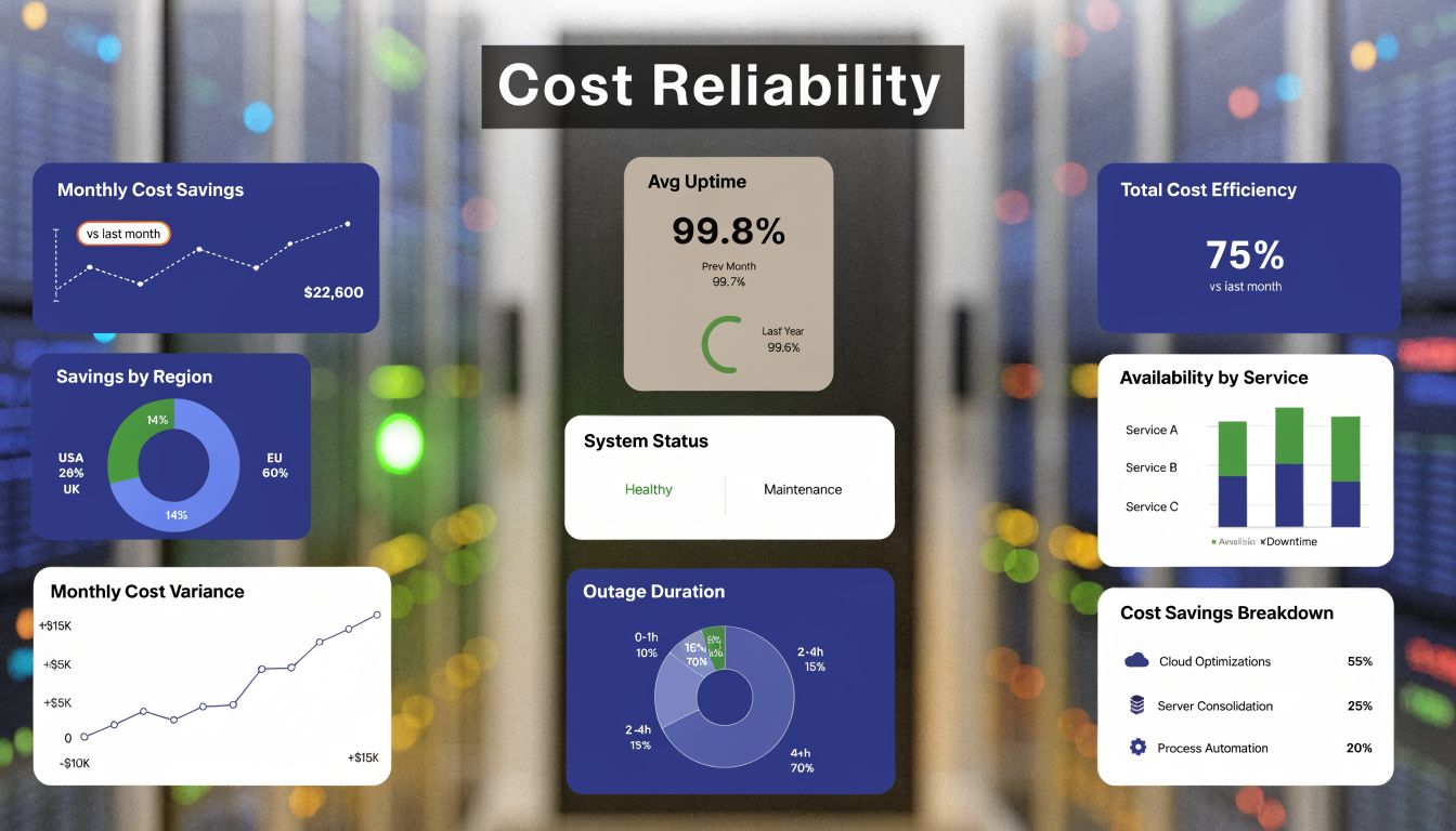A digital dashboard displaying IT infrastructure metrics including cloud cost savings, system uptime, and service availability status.