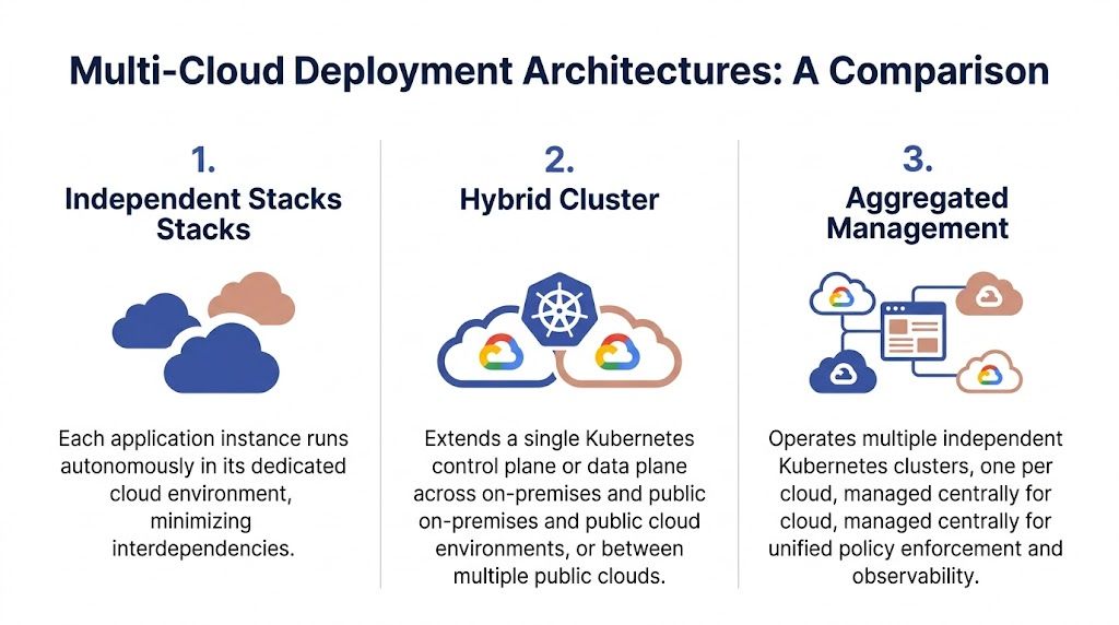 A diagram comparing three different multi-cloud deployment architectures including independent stacks, hybrid clusters, and aggregated management systems.