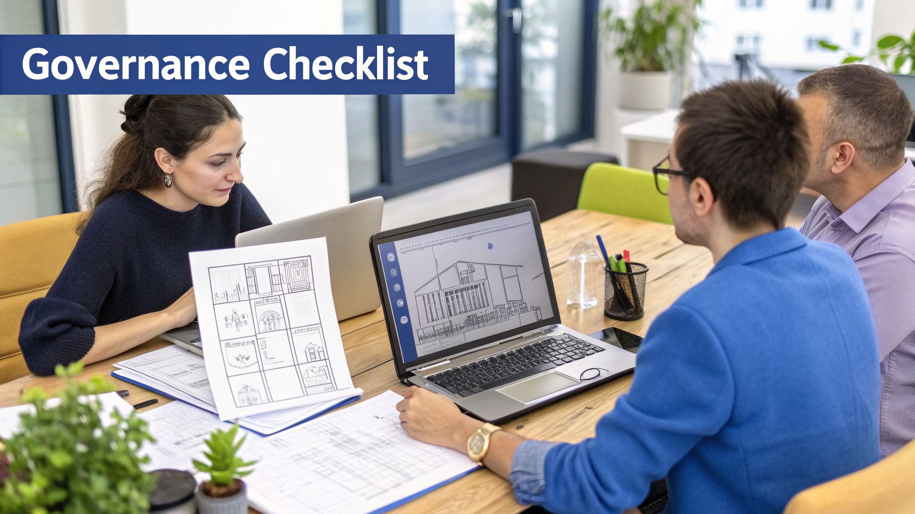 Three colleagues collaborate in an office, reviewing architectural building plans on laptops and paper.