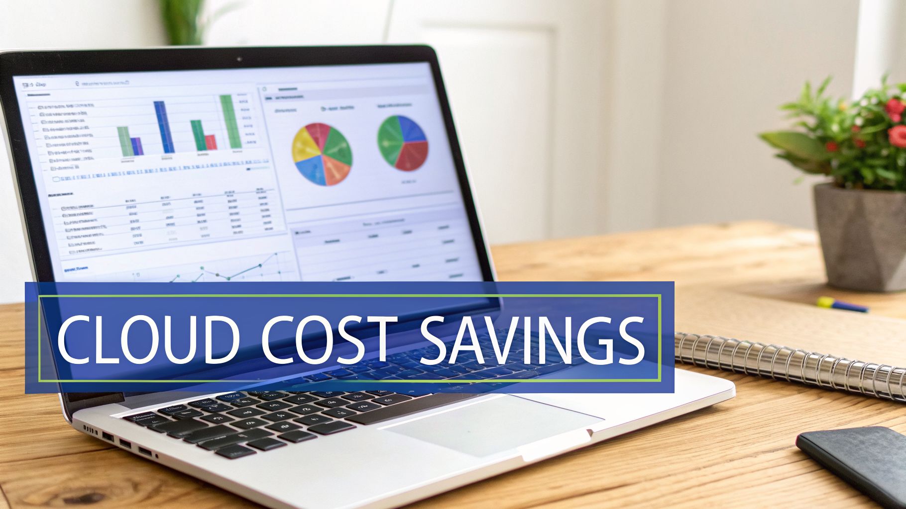 A laptop screen displays 'Cloud Cost Savings' over charts and graphs, set on a wooden desk.
