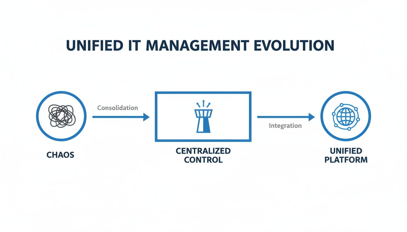 Flowchart showing IT management evolution: from chaos to centralized control, then to a unified platform.