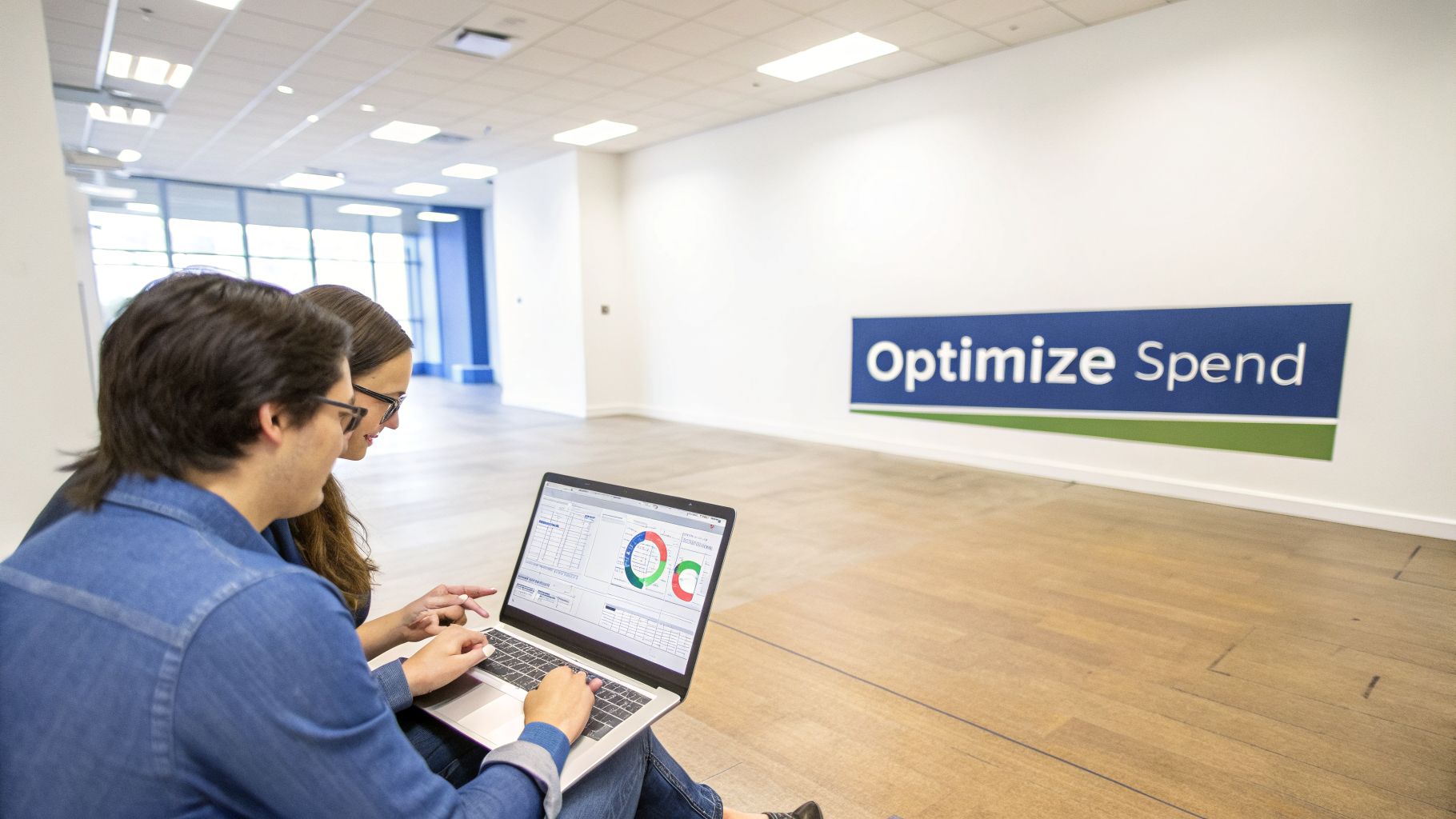 Two colleagues collaboratively analyze business data on a laptop in a modern office, optimizing spend.
