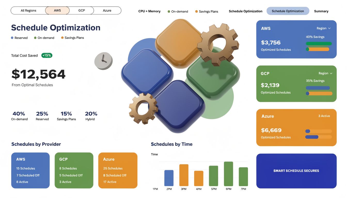 A dashboard showing cloud computing schedule optimization metrics for AWS, GCP, and Azure service providers.