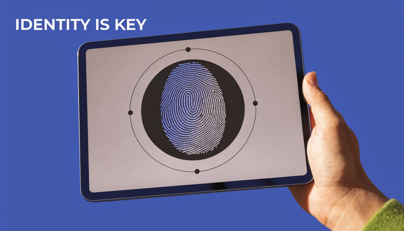 A human hand holding a digital tablet displaying a glowing blue fingerprint scanner icon against a blue background.
