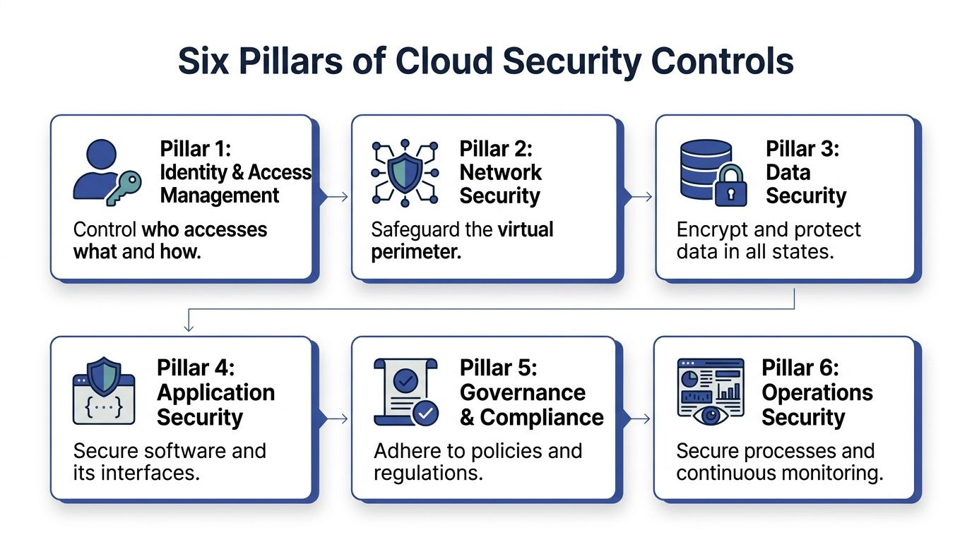 An infographic titled Six Pillars of Cloud Security Controls showing identity, network, data, application, governance, and operations.