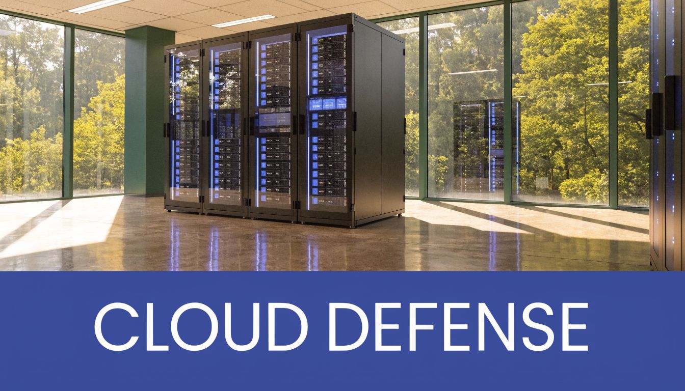 A sleek server rack standing in a sunlit, modern office space with large windows overlooking trees.