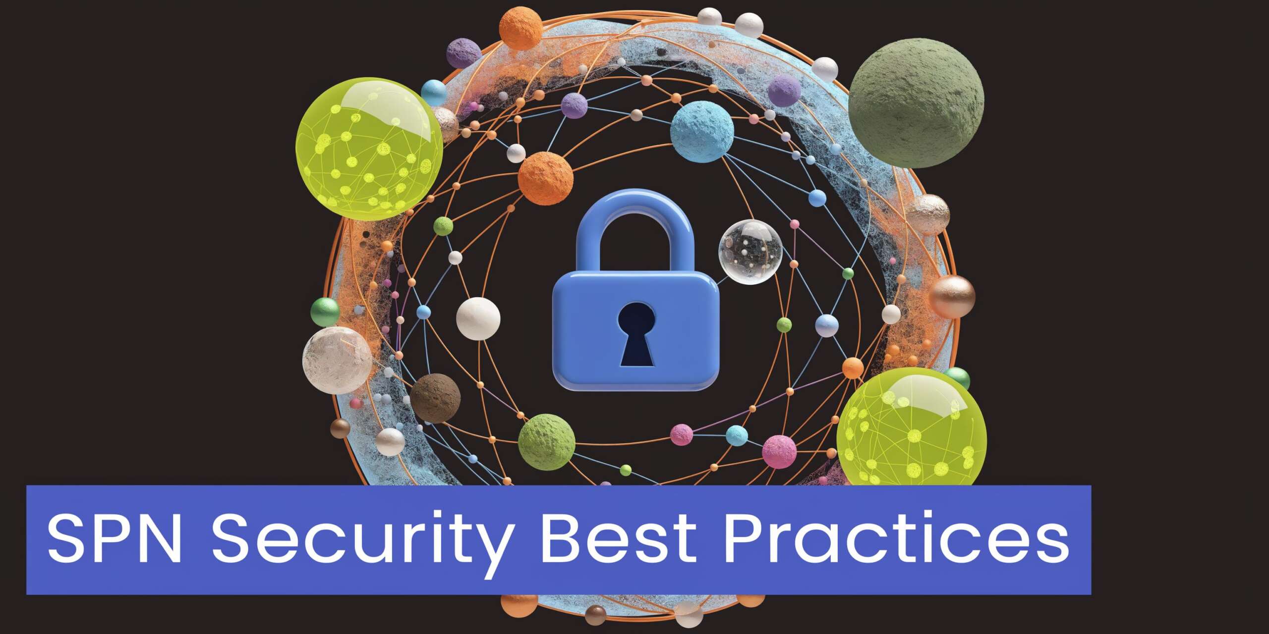 A 3D graphic featuring a blue lock icon centered over a complex network of colored spheres.