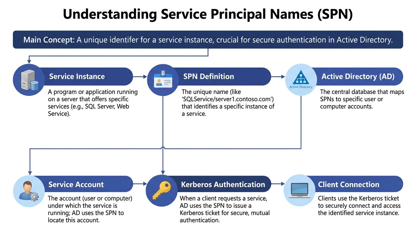 A diagram explaining Service Principal Names and their role in secure Kerberos authentication within Active Directory environments.