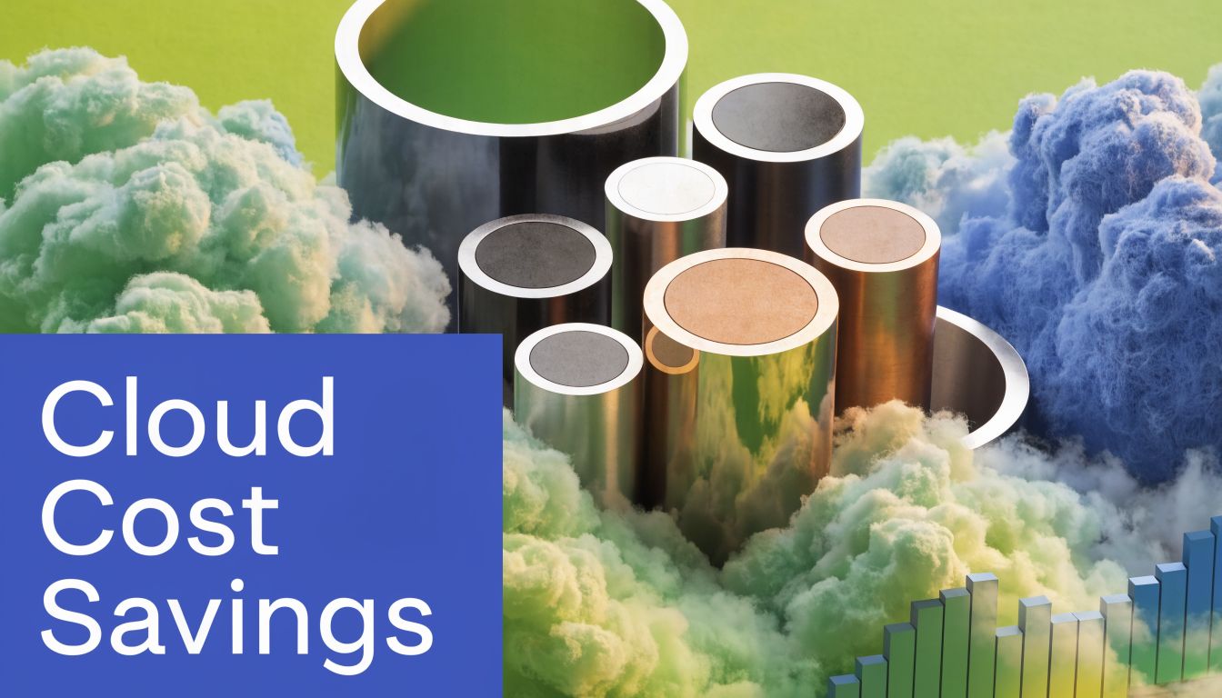 A conceptual image featuring metal cylinders rising from colorful clouds next to a blue cost savings banner.
