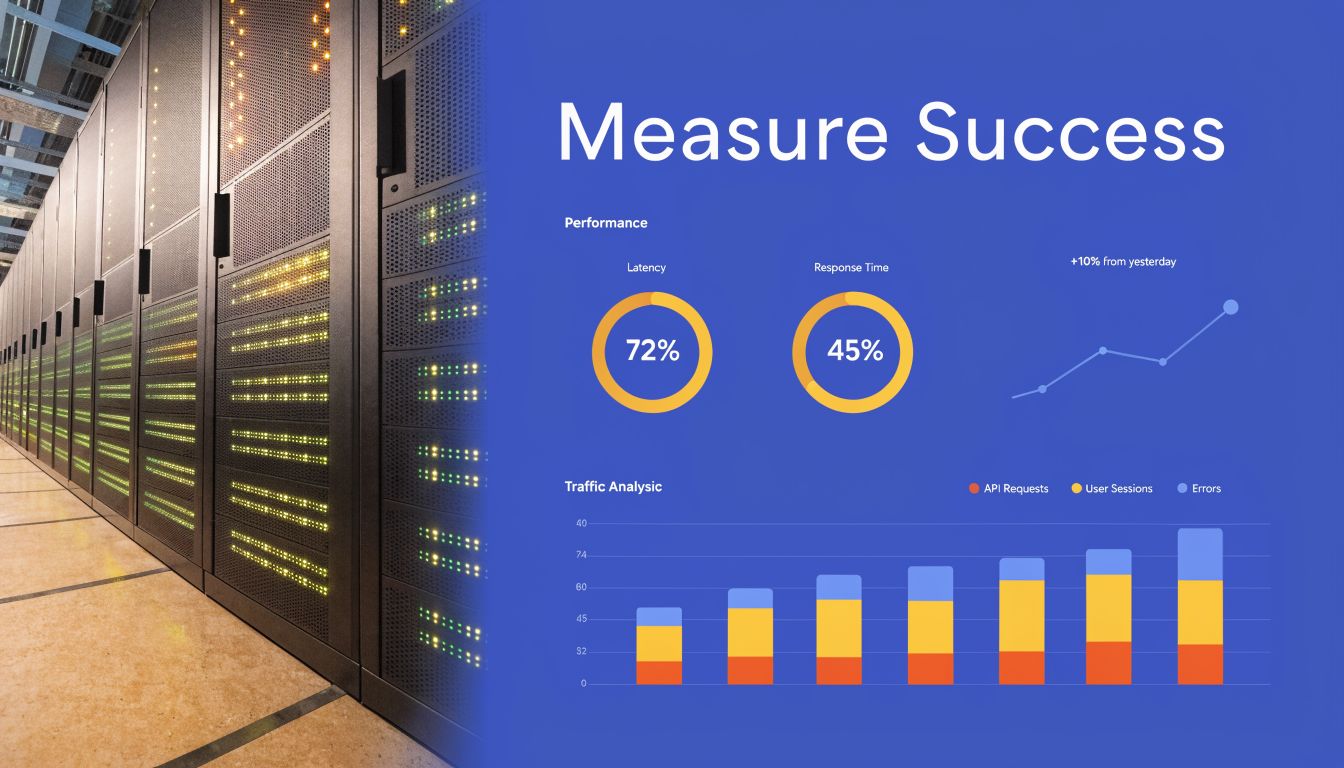 A digital dashboard showing server performance analytics and traffic charts next to a row of server racks.