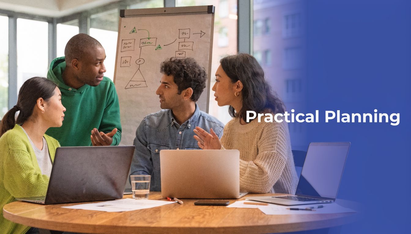 A diverse team of professionals collaborating on a software capacity planning project around a wooden table.