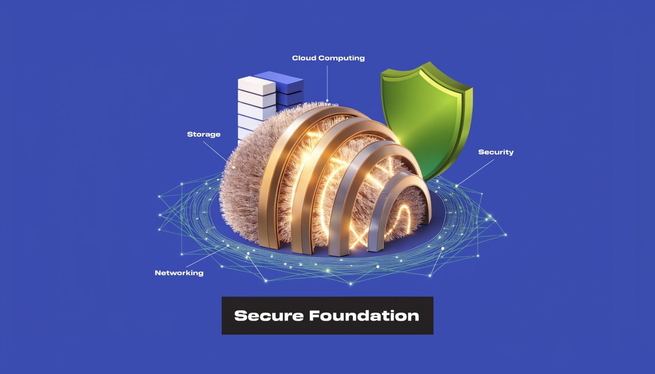 A conceptual 3D illustration representing a secure cloud computing foundation with integrated networking, storage, and cybersecurity features.