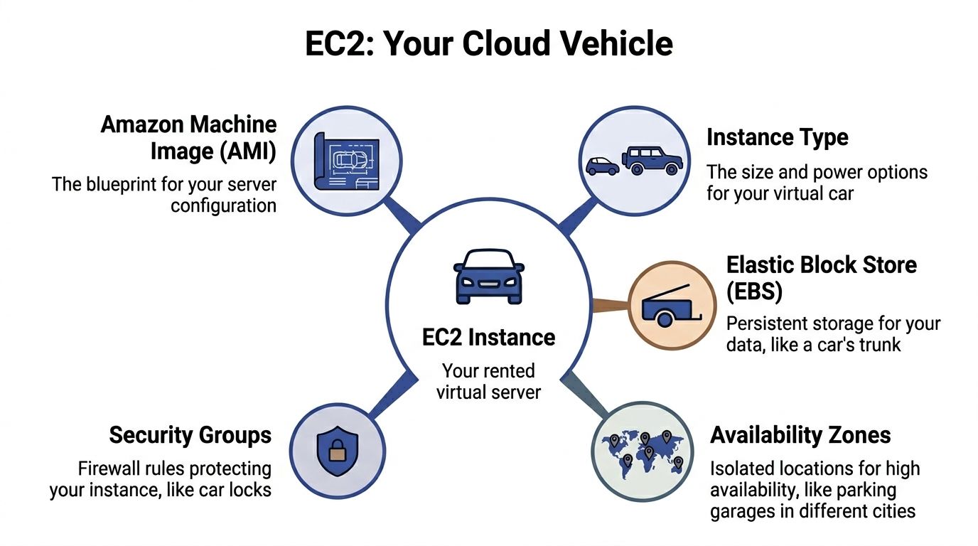 A diagram explaining the components of an Amazon EC2 instance using a vehicle metaphor for cloud computing.