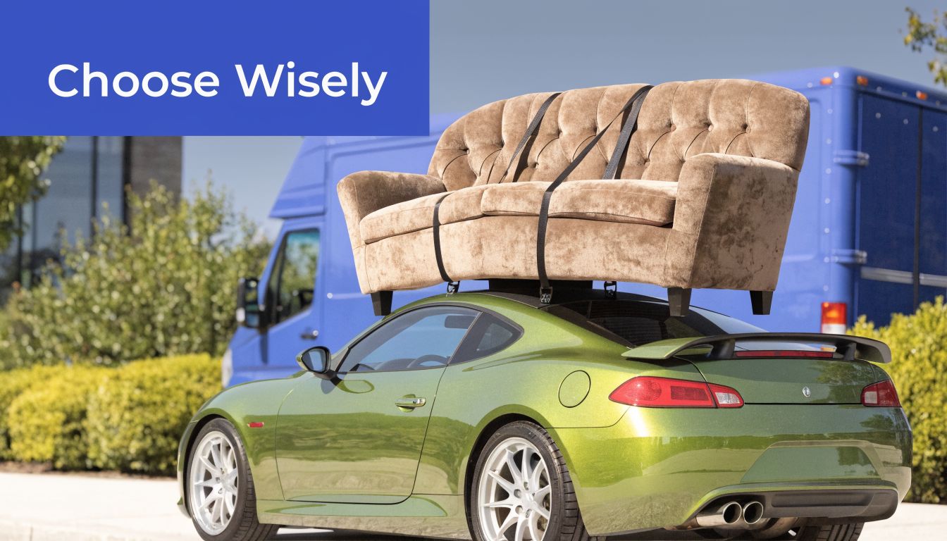 A green sports car with a large brown sofa strapped to its roof parked outdoors.