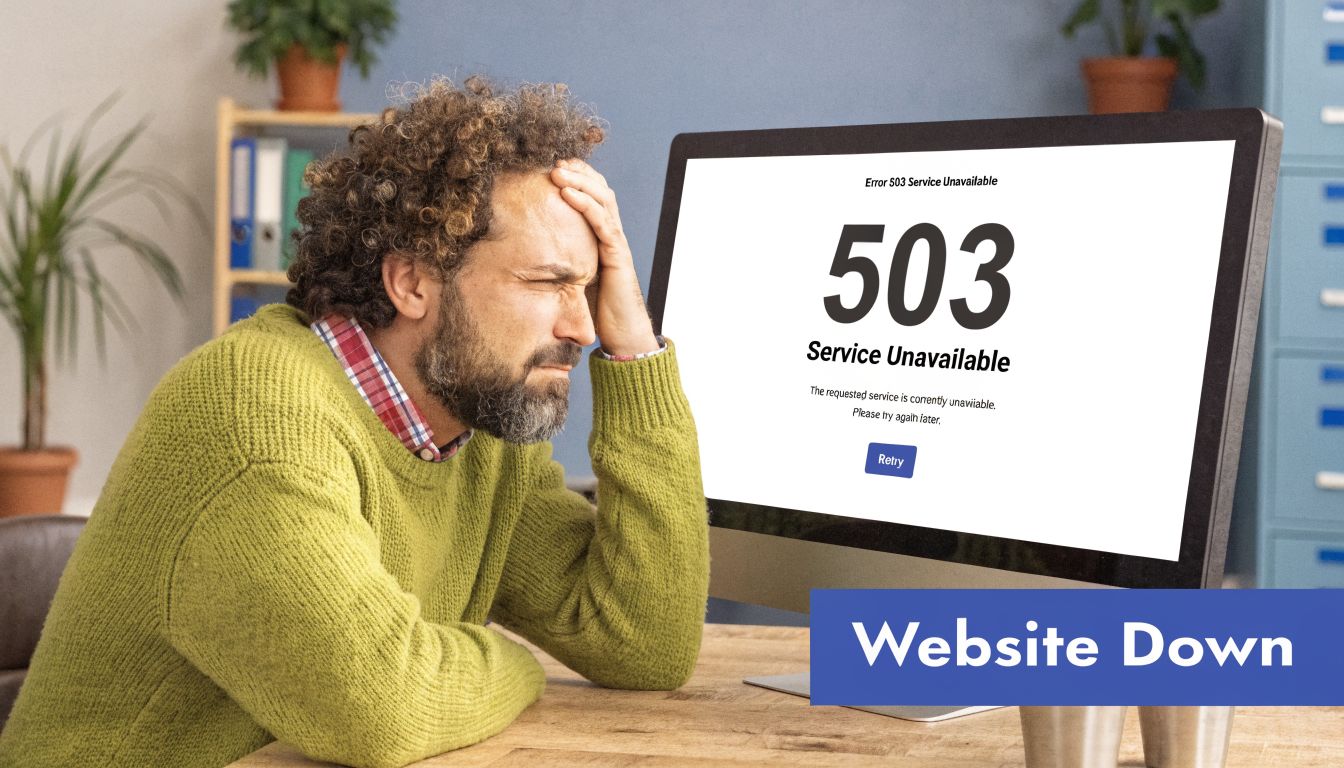 A frustrated man sits at a desk looking at a computer screen showing a 503 error message.
