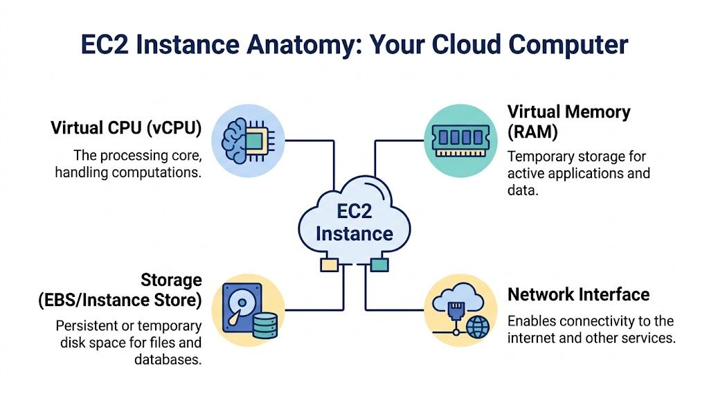 A diagram illustrating the four main components of an AWS EC2 instance: CPU, RAM, storage, and networking.
