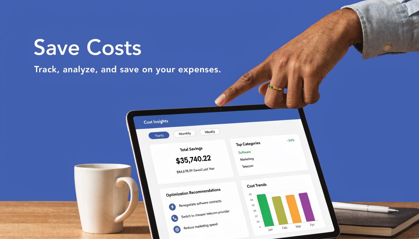 A person pointing at a digital tablet screen showing cost savings and financial analytics data dashboard.