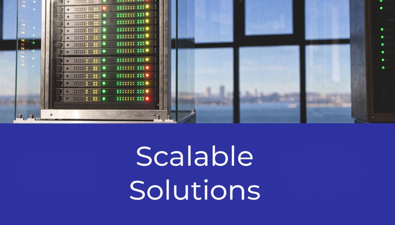 A sleek server rack inside a glass cabinet with a city skyline visible in the background.