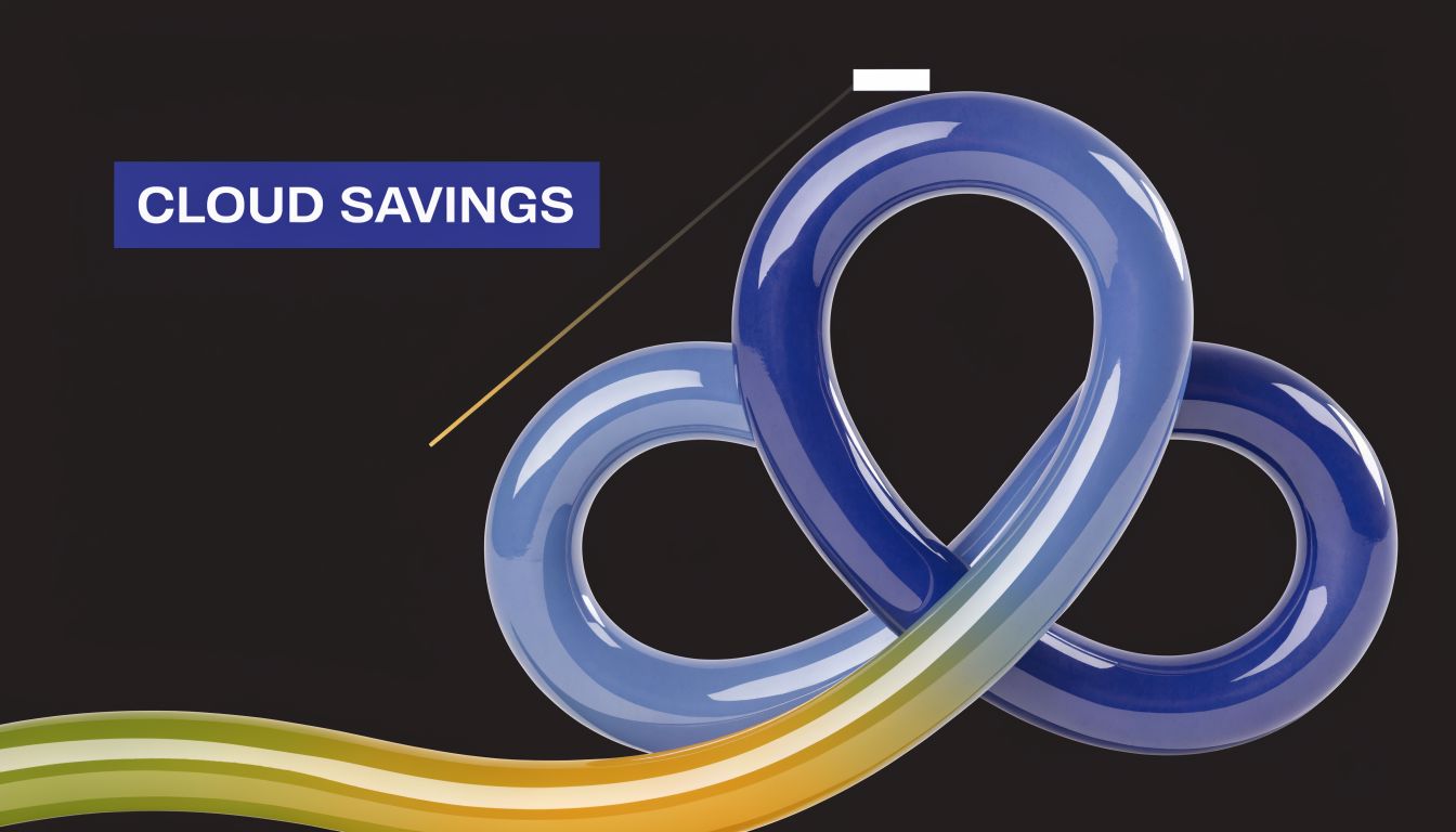 A sleek, stylized graphic showing a blue infinite loop shape on a black background, representing cloud savings.
