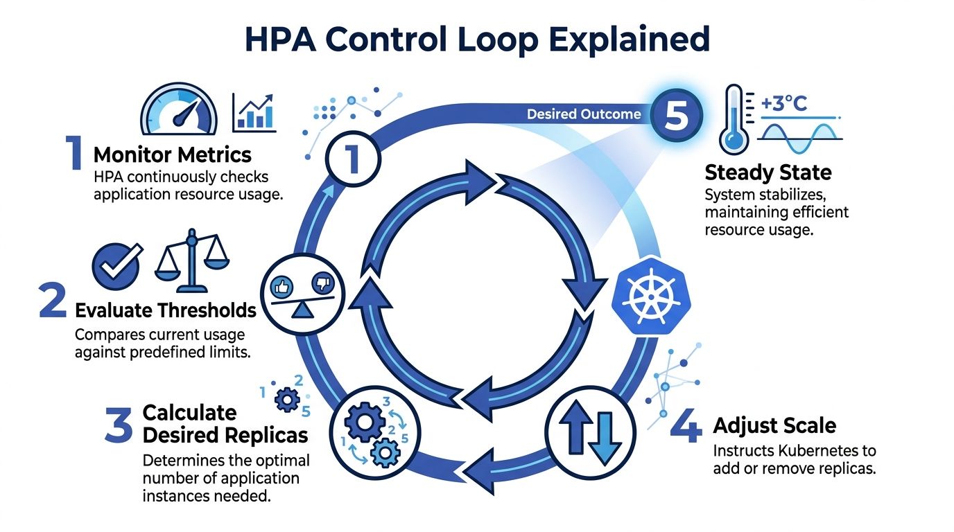 A diagram illustrating the HPA control loop process for Kubernetes scaling from monitoring metrics to adjustment.
