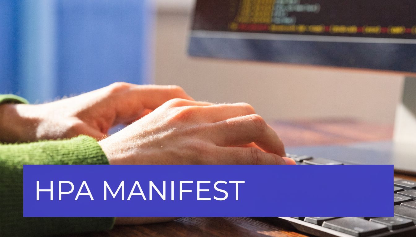 Close up of hands typing on a computer keyboard with the text HPA MANIFEST overlaid prominently.