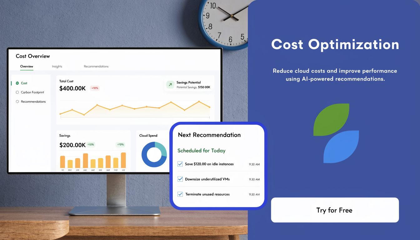 A computer monitor displaying a cost optimization dashboard with AI-powered recommendations for cloud infrastructure and cost management.