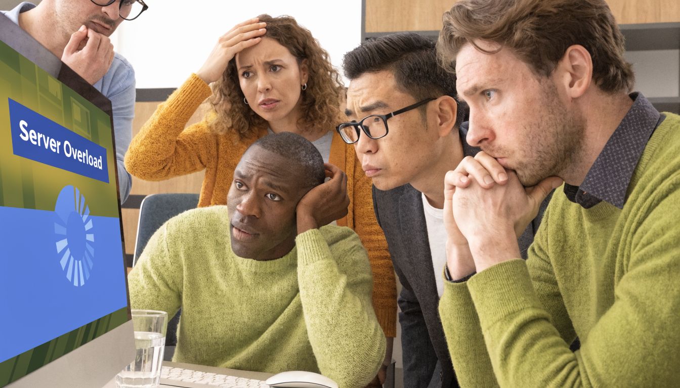 A diverse team of professionals looking at a computer screen displaying a server overload error message.