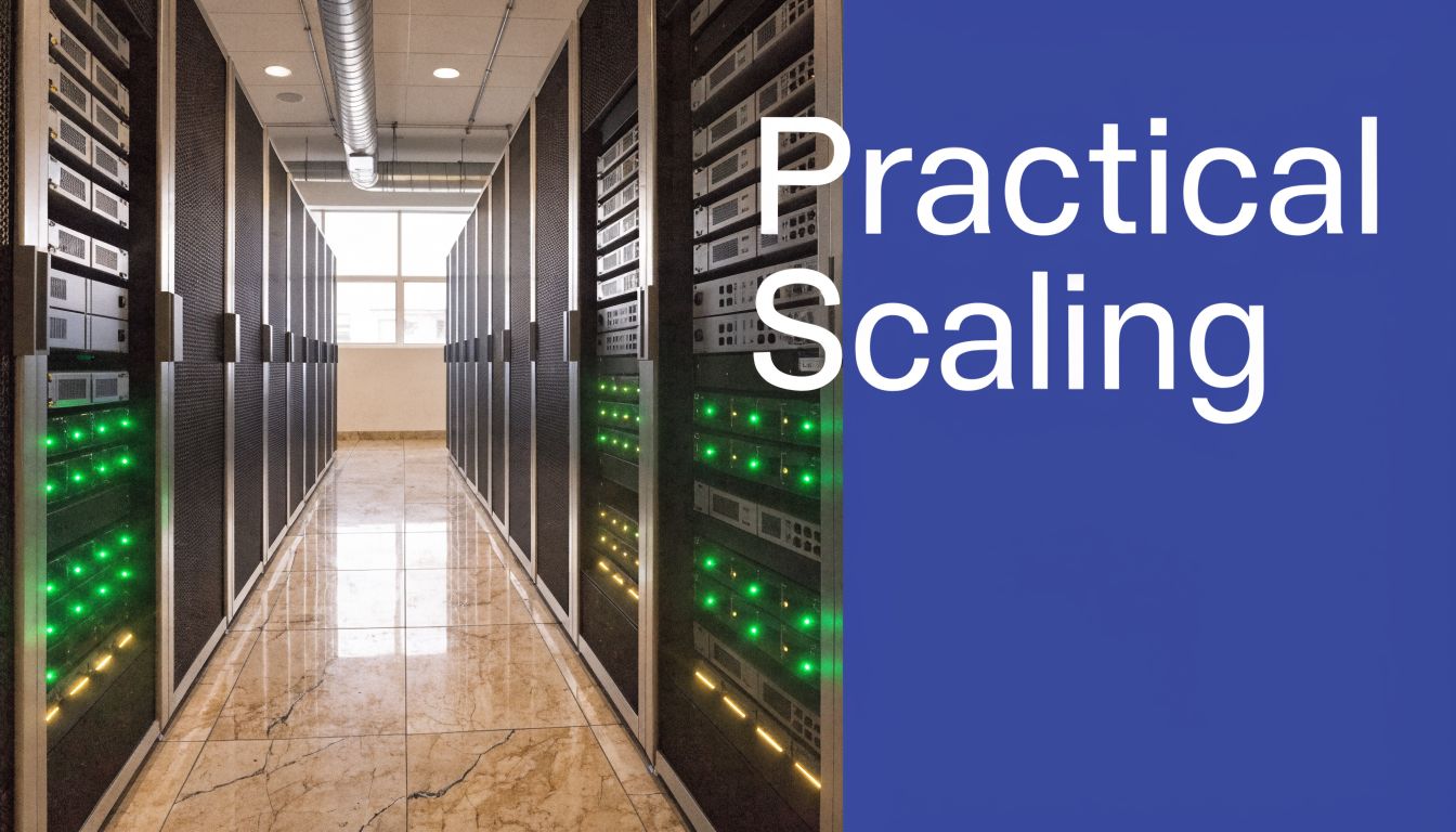 Rows of server racks in a modern data center with green indicator lights and marble floors.