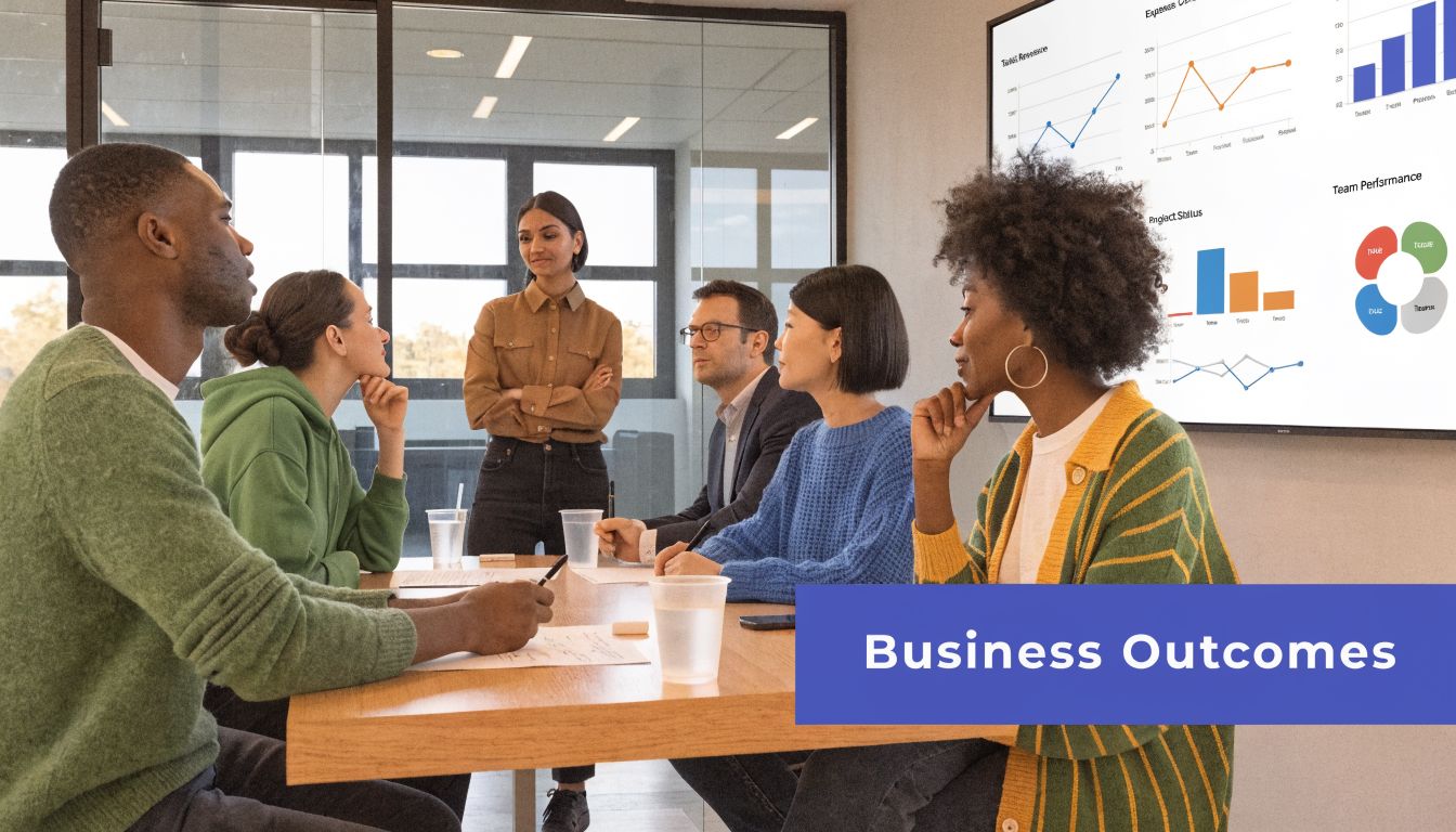 A diverse group of business professionals in a modern office meeting room analyzing data on a screen.