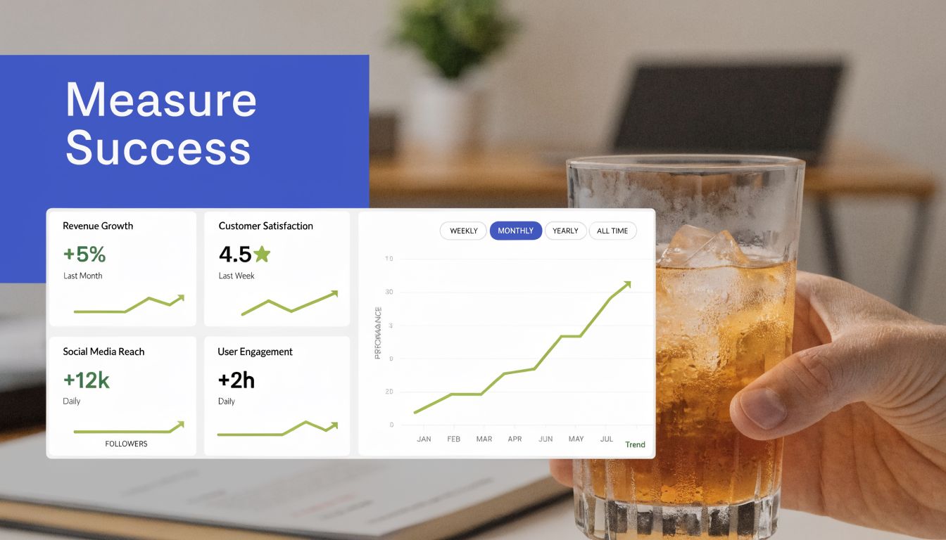 A performance dashboard display showing business success metrics alongside a hand holding a refreshing iced drink.