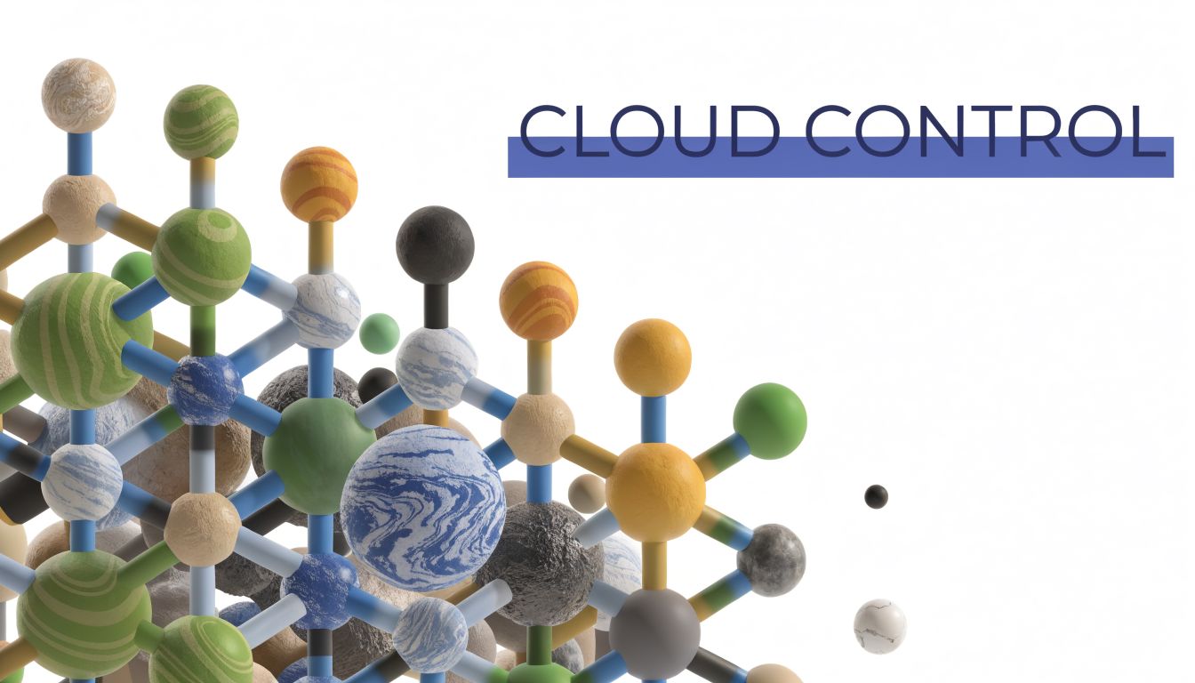 A 3D render of a colorful molecular structure with a text overlay reading Cloud Control.
