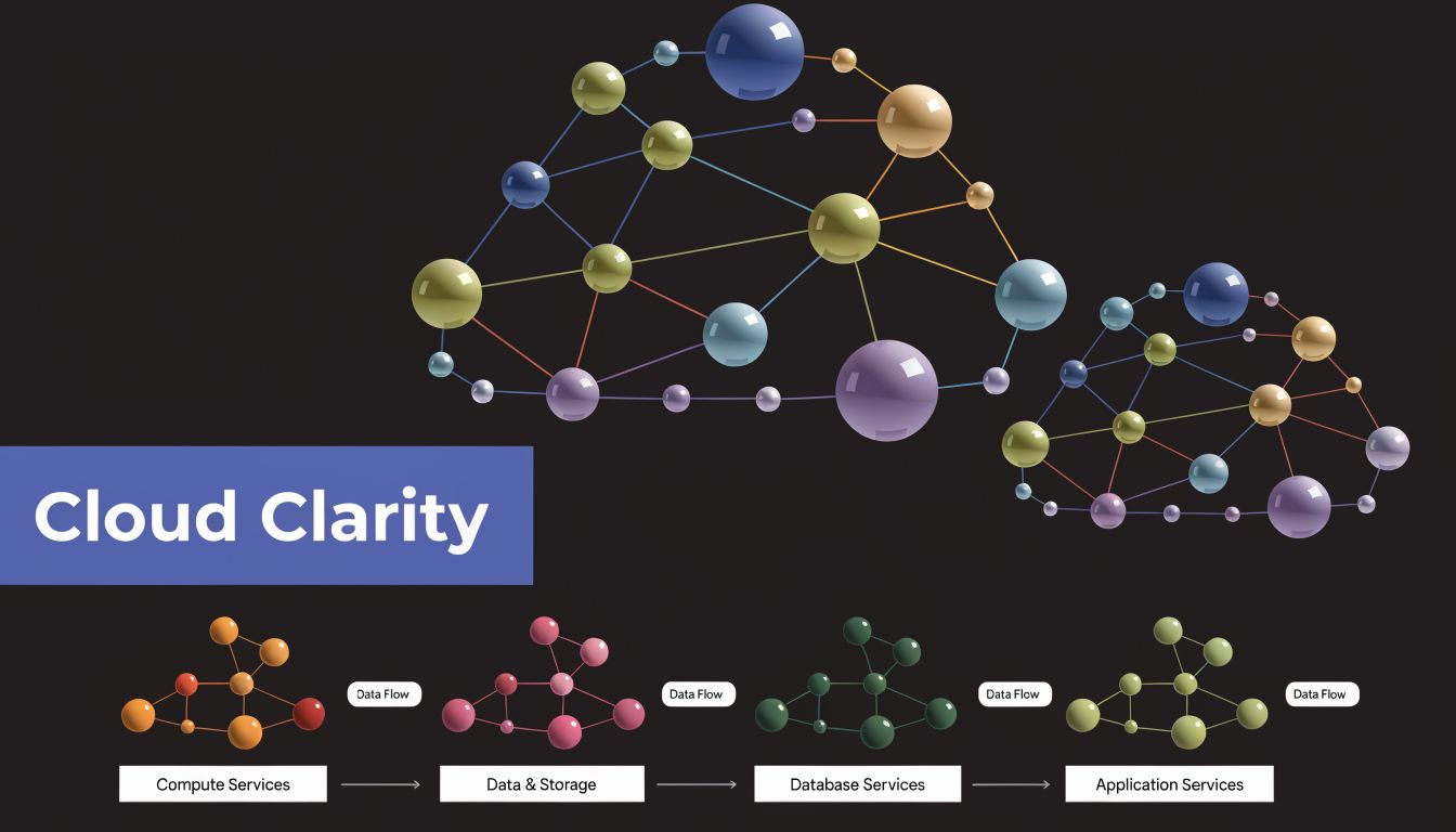 A diagram visualizing cloud architecture components with interconnected nodes representing compute, storage, database, and application services.