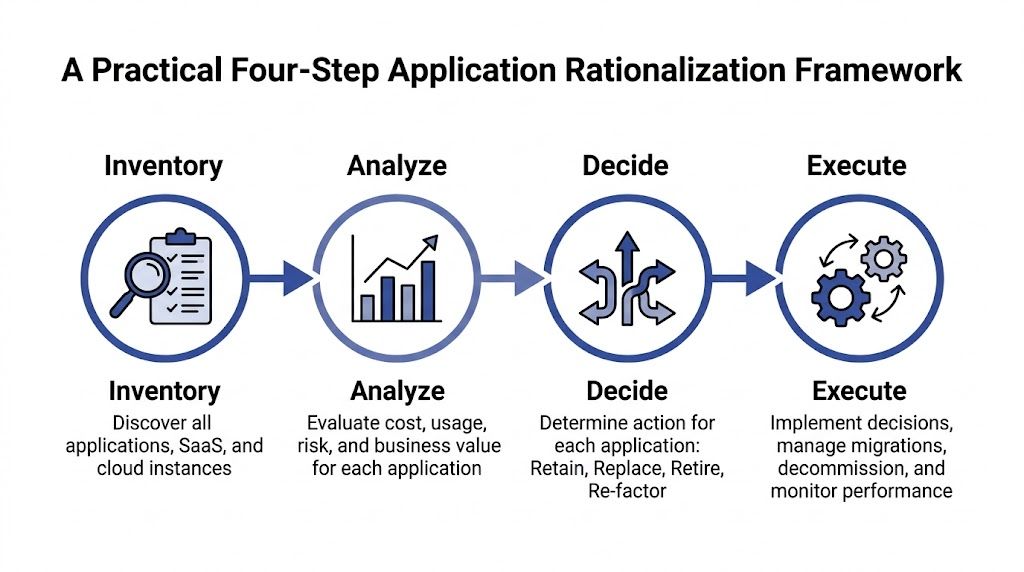A four-step framework diagram for application rationalization illustrating the process from inventory through execution.