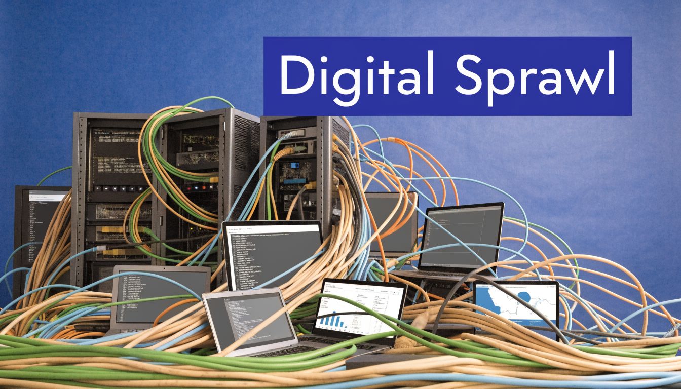 Server racks and multiple laptops connected by a tangled web of colorful network cables on blue background.