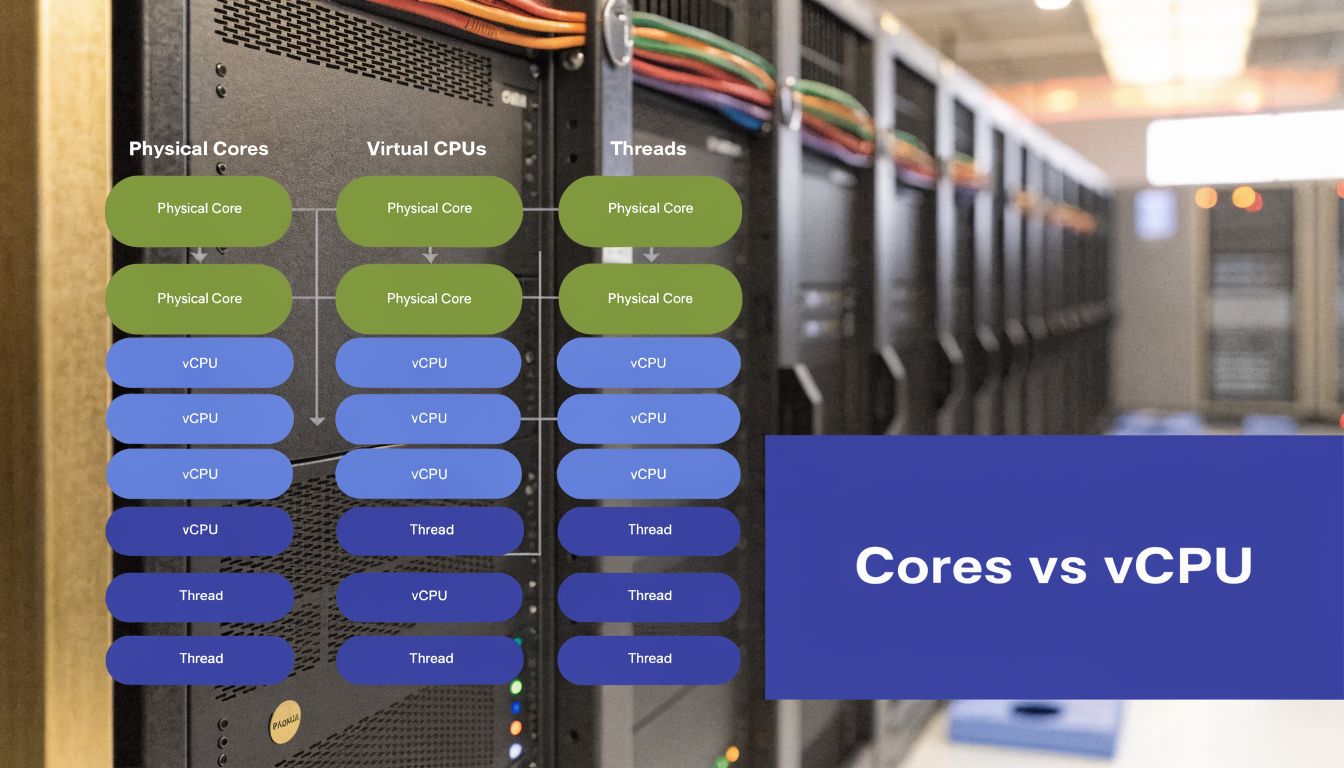 A diagram comparing Physical Cores, Virtual CPUs, and Threads to explain computer processor architecture and virtualization.