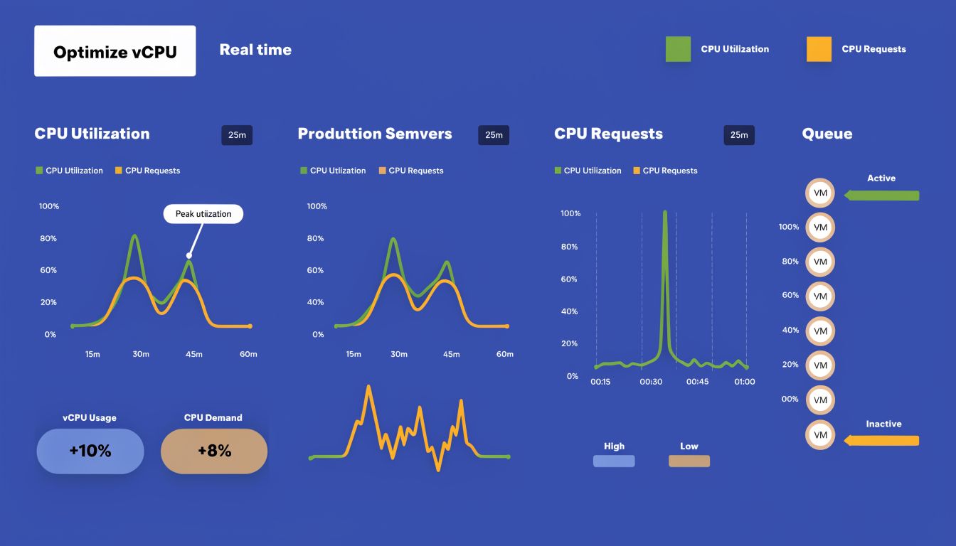 A dashboard showing real-time vCPU utilization and request metrics with various charts and graphs.