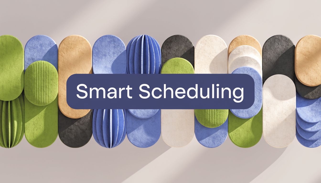 A modern graphic design featuring layered, rounded rectangular shapes in various colors with the text Smart Scheduling.
