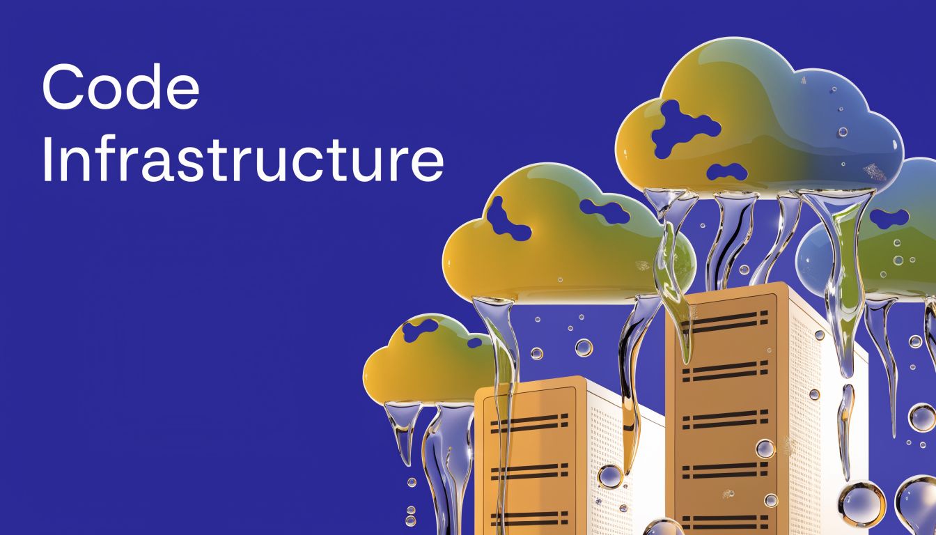A 3D graphic showing stylized digital clouds raining water onto server towers against a blue background.