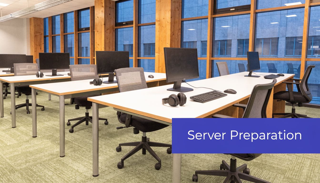 A clean modern office workspace with rows of desks, computer monitors, and chairs in a professional environment.